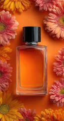 Amber perfume bottle, surrounded by flowers
