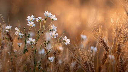 Field flowers bathed in golden light