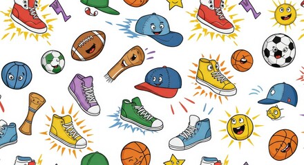 Cartoon Sports Equipment and Shoes Seamless Pattern on White.