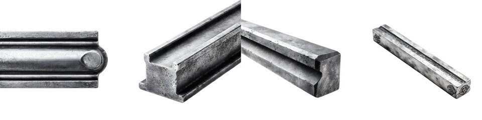 Selection of Silver Metal Molding Isolated on White. Close-up of Industrial Trim and Architectural Details