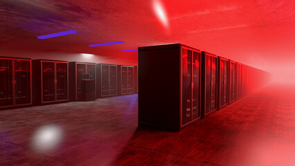 Server. Room servers data center. Backup, mining, hosting, mainframe, farm and computer rack with storage information. Server room data center. 3d render