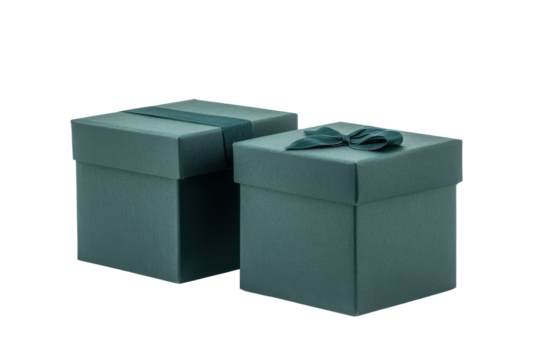 Two teal gift boxes with ribbons isolated on transparent background. Two dark green gift box isolated on white background.