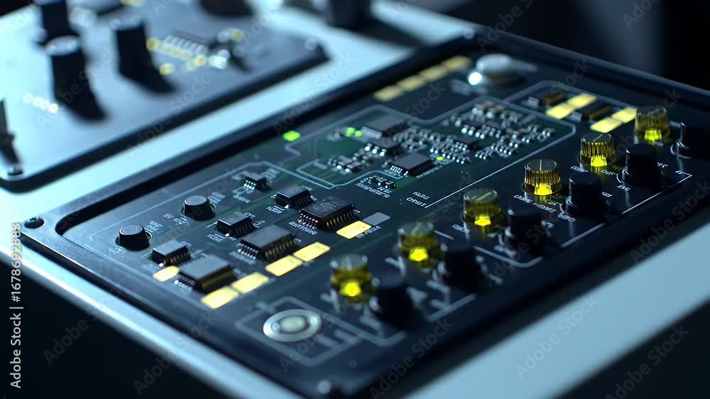Poster detailed close up of printed circuit board featuring illuminated electronic components knobs and con