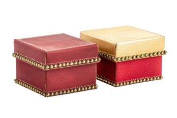Decorative antique jewelry boxes isolated on transparent background. Gold and red gift box isolated on white background.