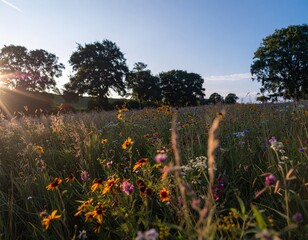 Obraz premium Late summer country landscape with colorful blooming meadow and sunbeam