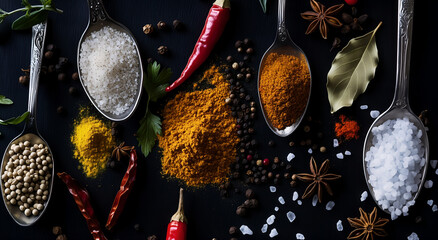 Assorted colorful spices and sea salt in spoons on dark background