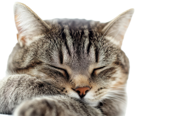 Close up of a tabby cat s face with eyes closed isolated on transparent background. Grey cat isolated on white background.