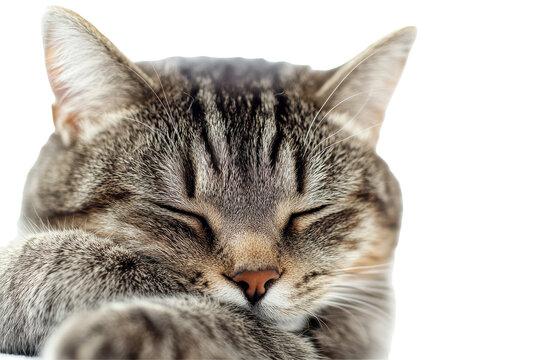 Close up of a tabby cat s face with eyes closed isolated on transparent background. Grey cat isolated on white background.