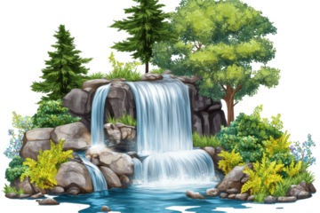 Lush tropical waterfall cascading over rocks with abundant greenery isolated on transparent background. Waterfall in the forest isolated on white background.