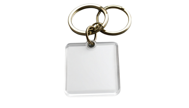 Blank clear square keychain with metal ring for customization isolated on transparent background