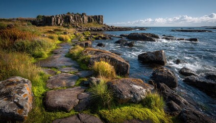 Coastal rocks and moss-covered path lead to a dramatic cliff face under a clear sky
