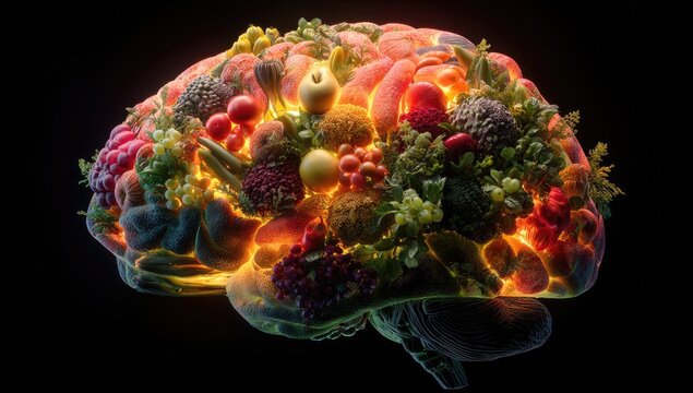 A brain, glowing orange-red, filled with colorful fruits and vegetables
