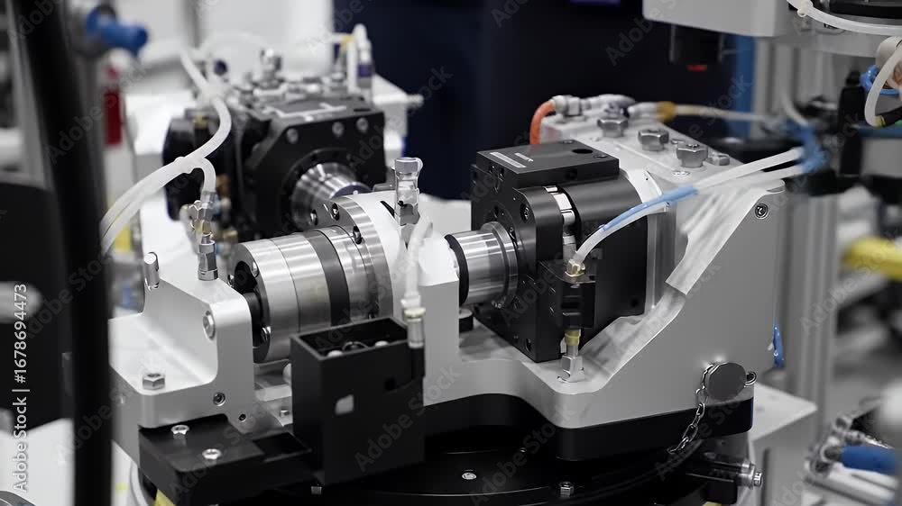 Poster detailed close up of reusable engine gimbal testing production with silver black mechanisms clear tu