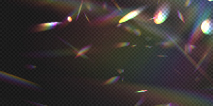 Transparent holographic confetti sparkles fall in a dynamic and colorful display. The glitter particles catch and reflect light with rainbow hues. Ideal for festive backgrounds and party visuals.