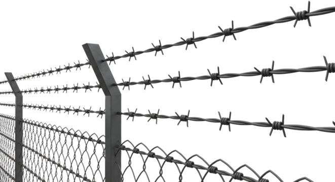 Secure metal fencing with sharp barbed wire creates strong boundary, barrier and security solutions