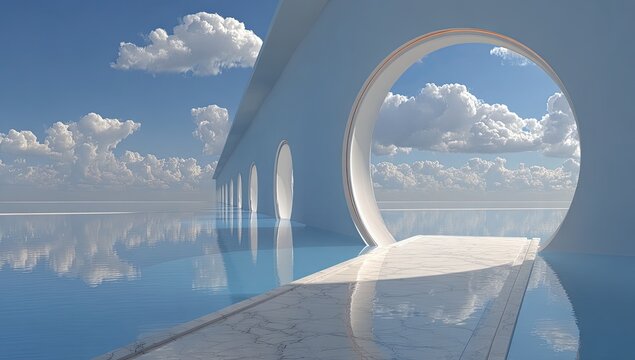 A serene, light-blue architectural structure with circular windows overlooking a placid body of water