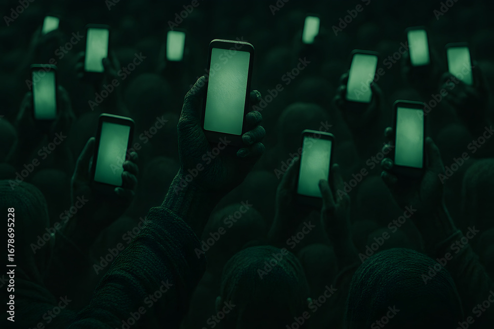 Poster digital crowd in the spotlight: a dense gathering of figures illuminated by the ethereal glow of num