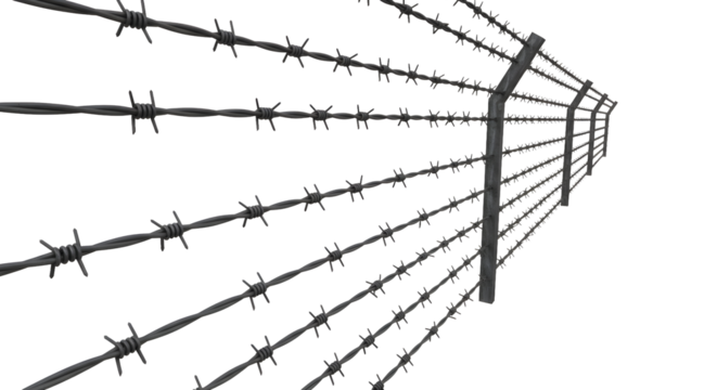 Grim barbed wire fence provides sharp boundaries and a stark warning against trespassing or crossing lines
