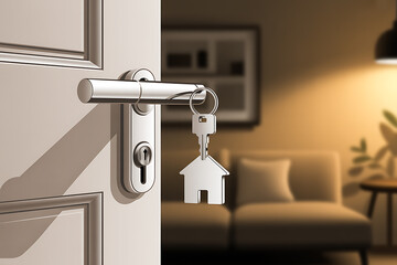 Modern House Keys on Door Handle: Warm Evening Interior, New Home Concept