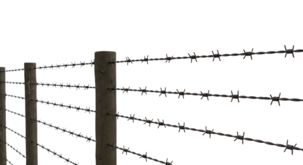 Rustic barbed wire fence with wooden posts, perfect for farm, ranch, or security themed designs