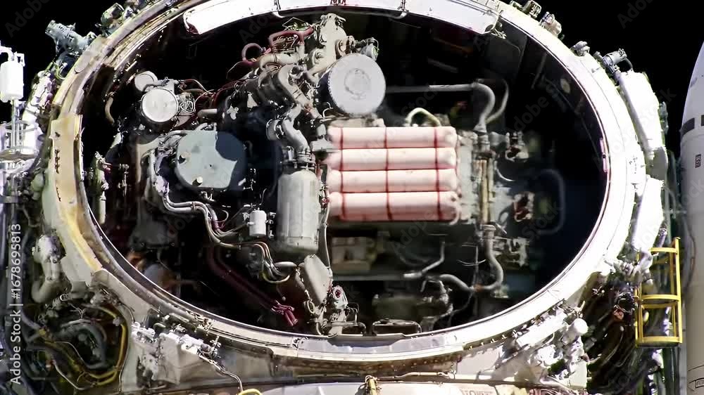 Poster detailed close up of rocket stage separation mechanism production showing intricate systems and aero