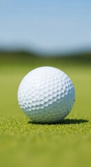 Obraz premium Close up of a golf ball on a green grass course with a blue sky