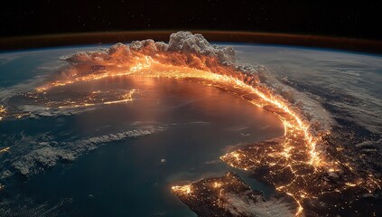 A wildfire's fiery path, seen from space, consuming a coastal area.  Vast plumes of smoke ascend, illuminated by orange-red flames.  City lights illuminate the coastline