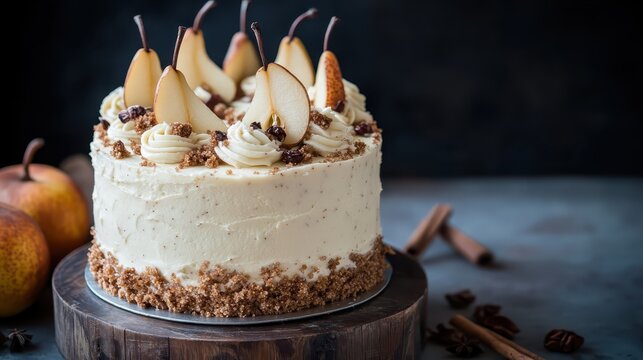 Delicious pear cake with caramel and nuts on wooden table - Powered by Adobe