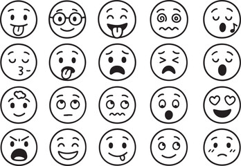 Collection of hand drawn doodle style emoticons expressing a wide range of emotions and feelings in a grid layout