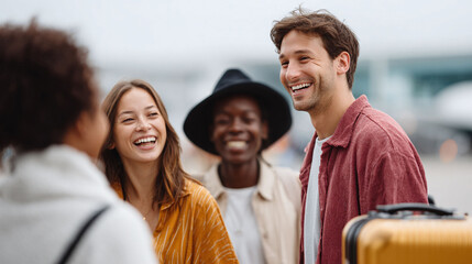 Obraz premium Joyful group of friends reunited at the airport, sharing laughter and stories. Represents friendship, travel, reunion, and connection. Ideal for travel, lifestyle, or connection themes.