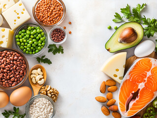 Healthy protein rich foods assortment on white background