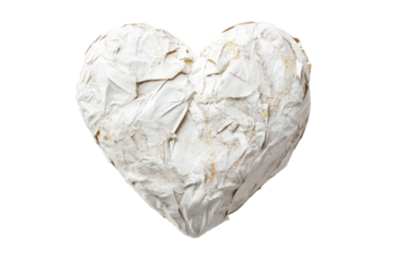 Textured white heart sculpture isolated on transparent background. White heart isolated on white background.