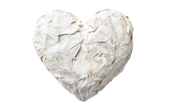 Textured white heart sculpture isolated on transparent background. White heart isolated on white background.