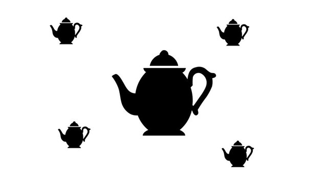 Zoom in and out animation the teapot symbol. Large black symbol in the center and four small symbols around. Seamless looped 4k animation on white background