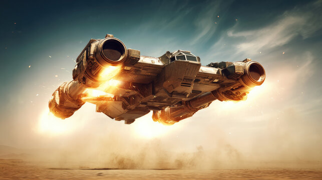 thruster jets firing from hovering lander above dusty plain light scattering through particles cinematic illustration concept scene visual for commercial design use high detail quality stock image
