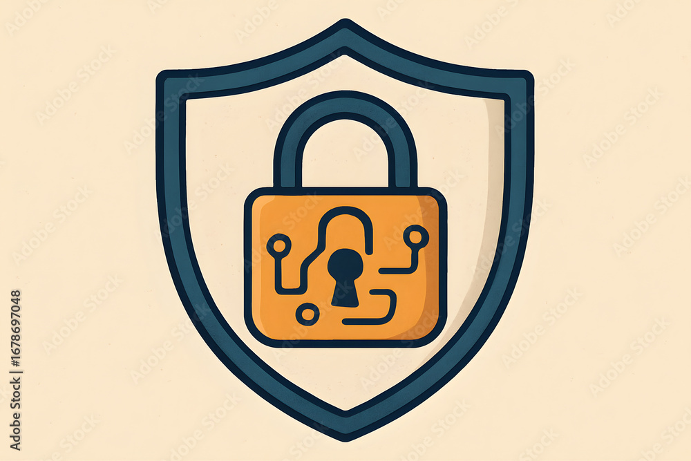 Poster cybersecurity icon: a digital shield icon safeguards a secure digital padlock, symbolizing data prot