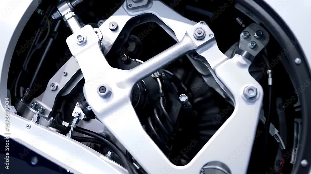 Poster detailed close up of silver aerobraking test simulator production showing intricate metal framework 