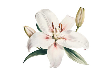 Obraz premium Elegant white lily flower with bud isolated on transparent background. White lily flower isolated on white background.