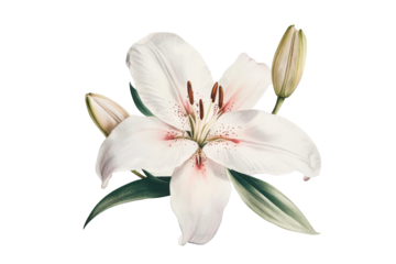Elegant white lily flower with bud isolated on transparent background. White lily flower isolated on white background.