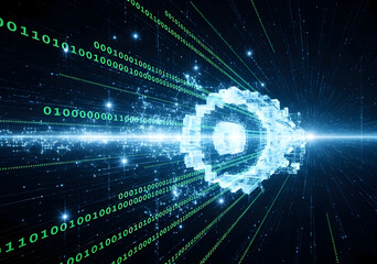 Digital Gear Mechanism with Flowing Binary Code and Starburst Effect on Dark Background data technology
