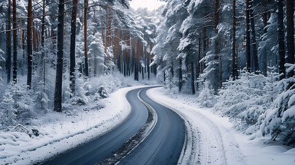 Winding winter road through snow-covered forest landscape.