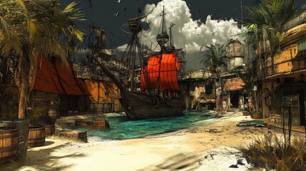 Pirate Ship Docked in a Tropical Cove Surrounded by Lush Palm Trees