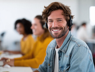 Friendly support agent with headset, smiling confidently. Represents excellent customer service, tech assistance, and workplace professionalism. Perfect for business or help desk concepts.