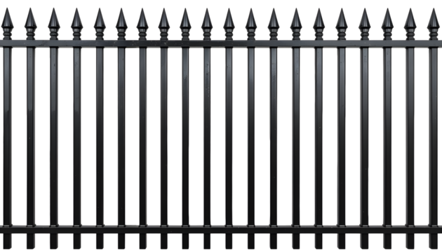 Sleek black metal fence offers security and style, perfect for modern property designs and garden concepts