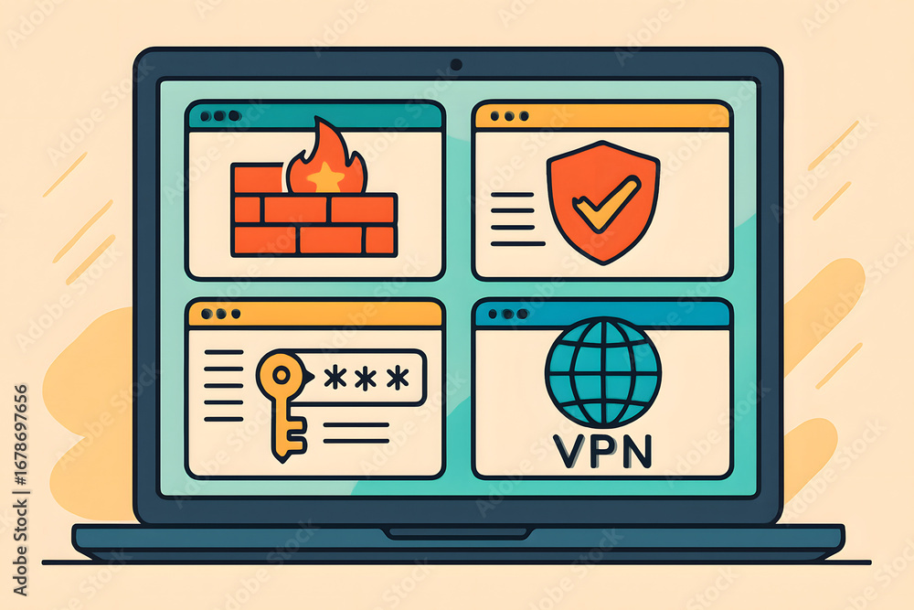 Poster digital fortress: a modern notebook displaying various digital security measures. this vector artwor