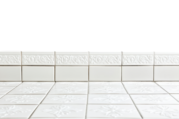 White ceramic tiles with black grout on a transparent background isolated on transparent background. White tile floor border isolated on white background.