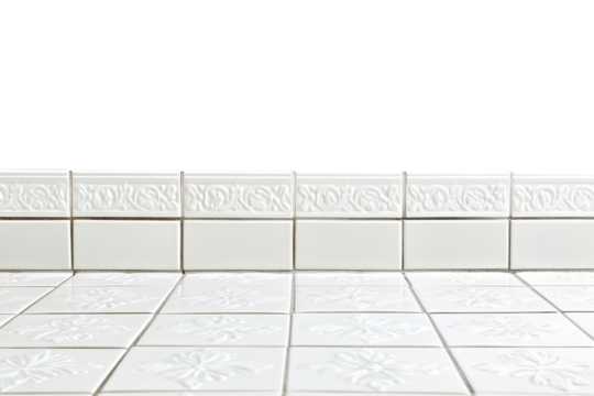 White ceramic tiles with black grout on a transparent background isolated on transparent background. White tile floor border isolated on white background.