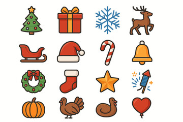 Fototapeta premium Festive holiday icons: christmas, new year, winter, thanksgiving symbols collection