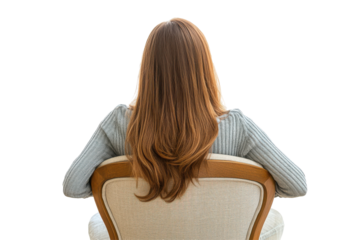 Woman with long brown hair sitting on a chair viewed from behind isolated on transparent background. Woman sitting chair back view isolated on white background.