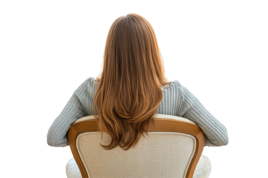 Woman with long brown hair sitting on a chair viewed from behind isolated on transparent background. Woman sitting chair back view isolated on white background. - Powered by Adobe
